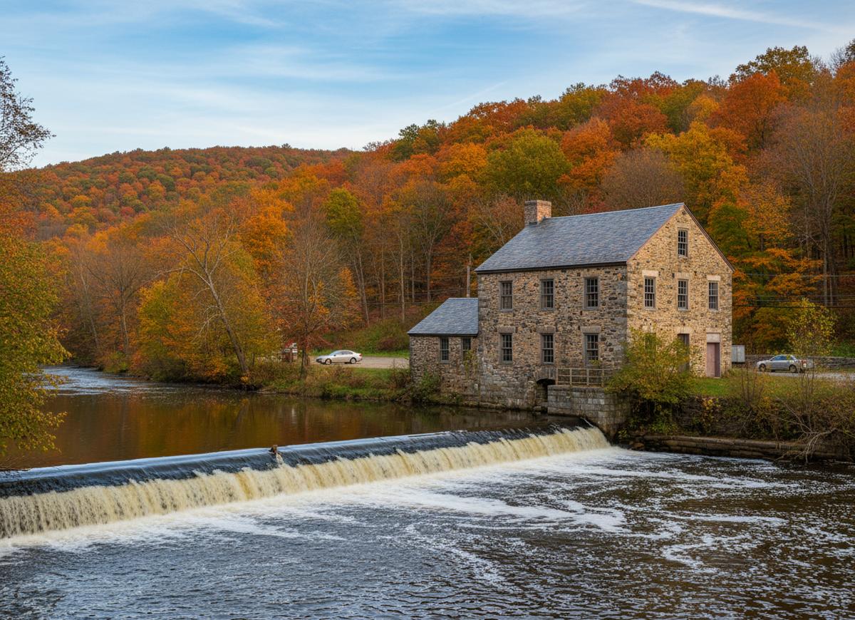 A fieldstone mill beside the Brandywine Creek at Rockland, water pouring over a low stone weir below hillsides in full autumn color