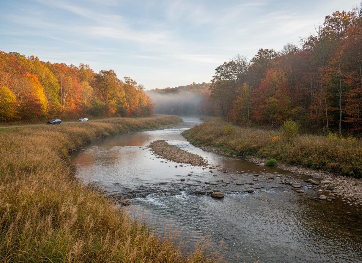 White Clay Creek bending through a wooded valley near Newark, golden grass on the bank and morning mist over the trees