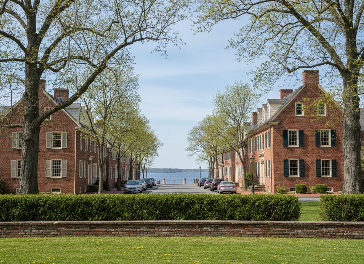 Eighteenth-century brick houses with dark shutters seen from the green in New Castle, a clipped hedge and brick wall in front and the Delaware River at the end of the street
