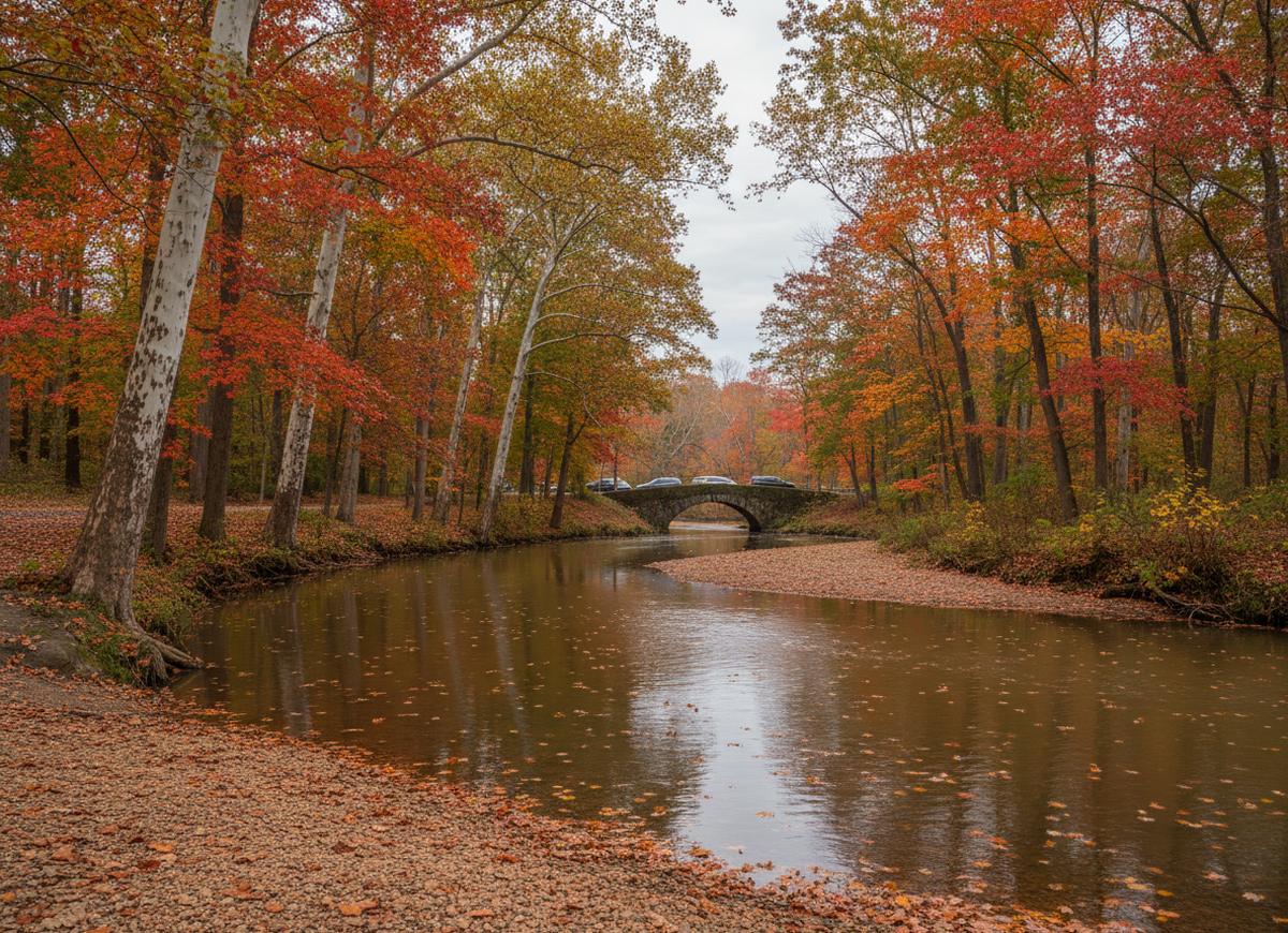 The Red Clay Creek bending through autumn woods near Stanton, leaves floating on brown water and an old stone arch bridge in the distance