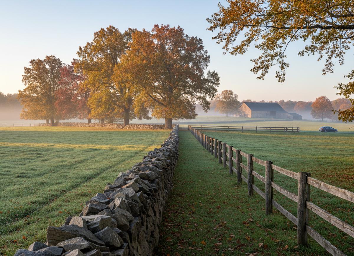 A dry-laid fieldstone wall and a wooden post fence crossing a misty pasture near Greenville, great oaks in autumn color and a stone barn on the far rise