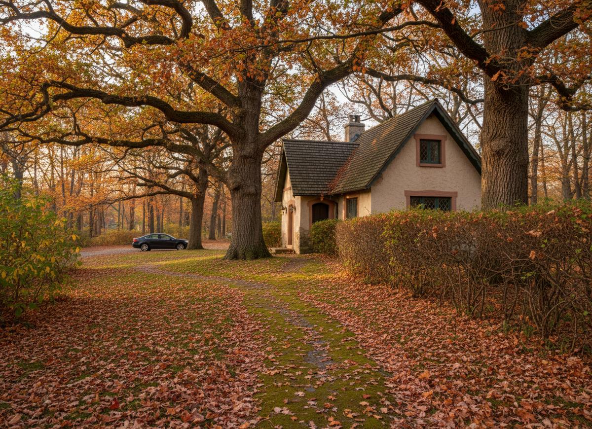 A stucco cottage with a steep shingle roof under spreading oaks in Arden, a mossy path through fallen leaves and a dark sedan parked far back under the trees